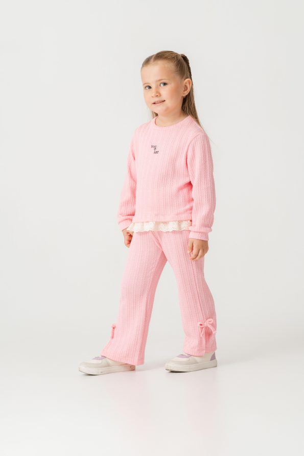 Girls' Cotton Pink Sweatshirt and Jogger Set with Ruffle Details