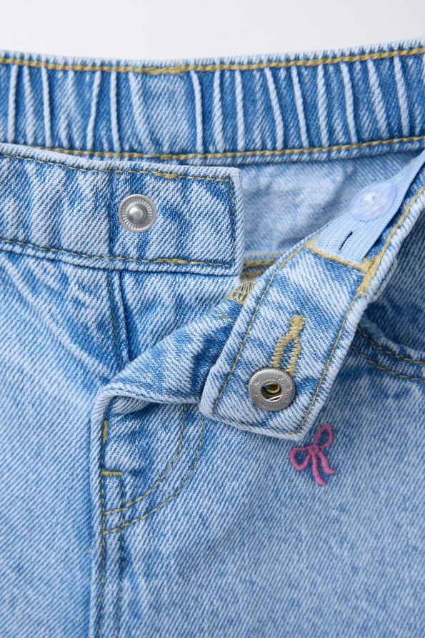 Girls' Cotton Light Blue Denim Pants with Pink Bow Embroidery