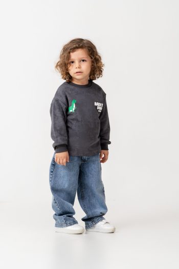 Boys' Cotton Charcoal Dinosaur Print Sweatshirt and Blue Jeans Set - Casual Comfort Style
