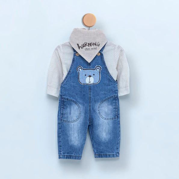 Boys' Baby Bear Embroidered Denim Overall Set – 3-Piece Cotton Outfit