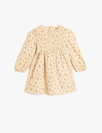 Girls' Cotton Muslin Dress with Bow Detail and Long Sleeves
