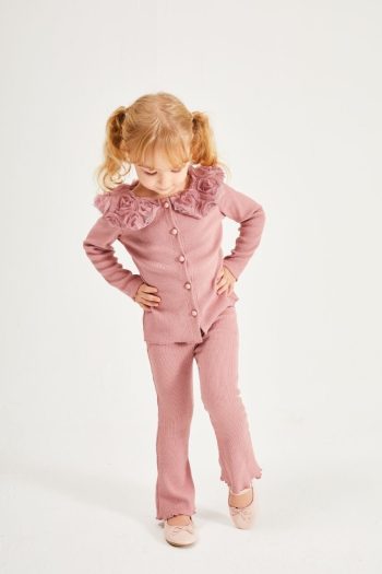 Rose Collar Detail Ribbed Set - Dusty Pink