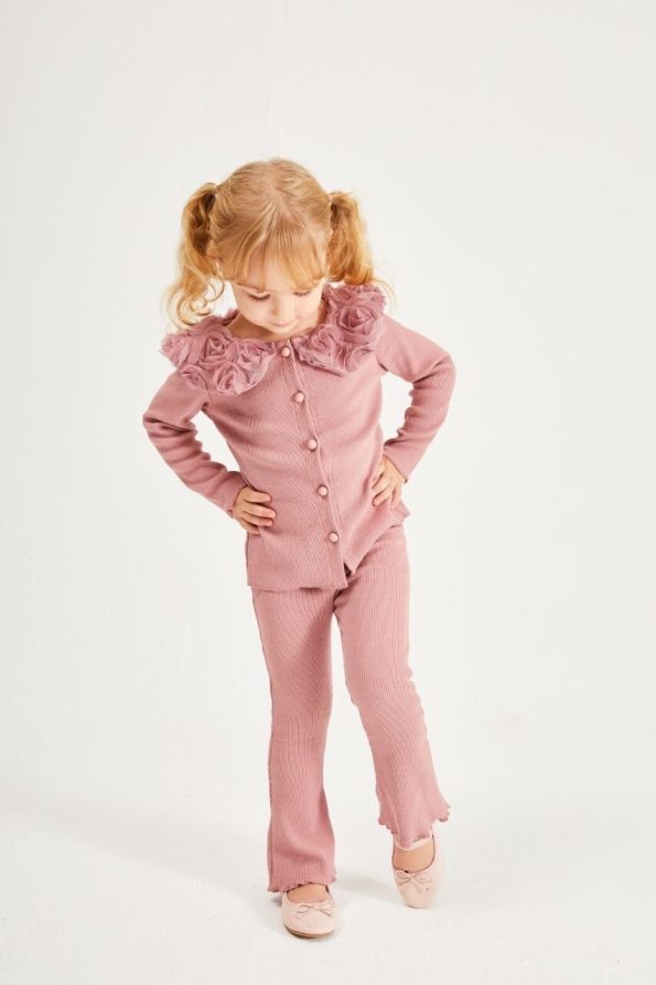 Rose Collar Detail Ribbed Set - Dusty Pink
