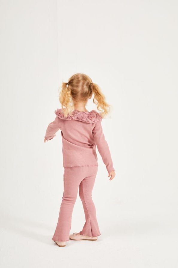 Rose Collar Detail Ribbed Set - Dusty Pink