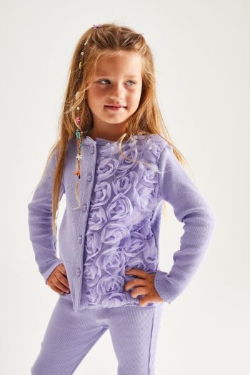 One-Sided Rose Appliqué Ribbed Set - Lilac