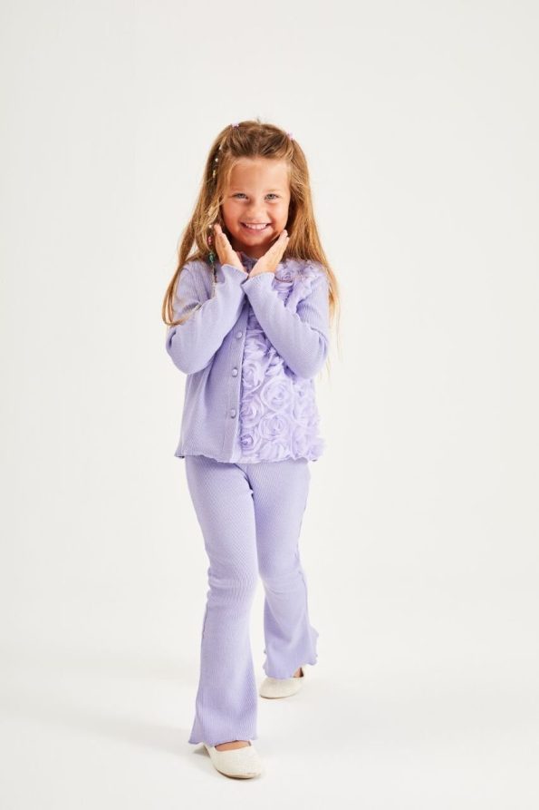 One-Sided Rose Appliqué Ribbed Set - Lilac