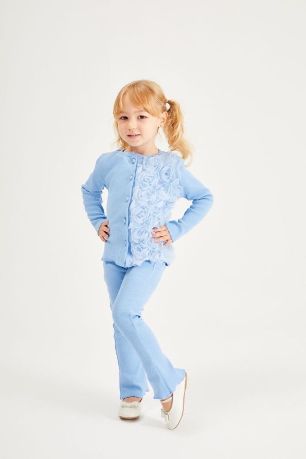 One-Sided Rose Appliqué Ribbed Set - Blue