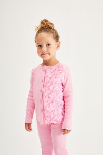 One-Sided Rose Appliqué Ribbed Set - Pink