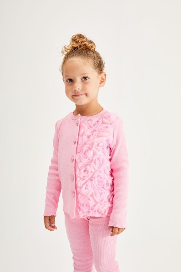 One-Sided Rose Appliqué Ribbed Set - Pink