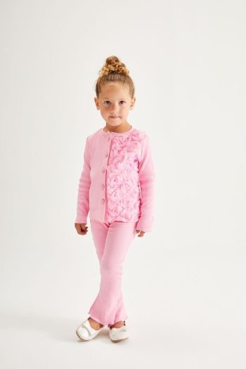 One-Sided Rose Appliqué Ribbed Set - Pink