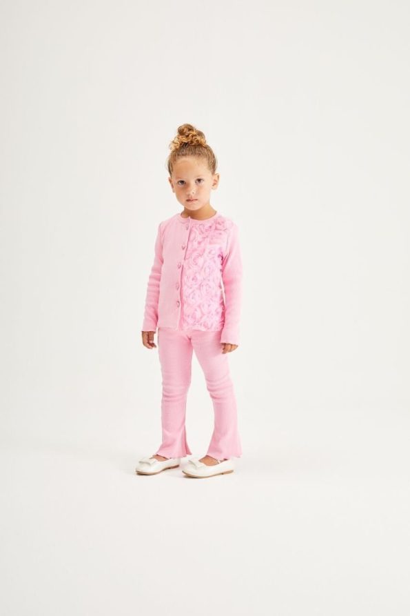 One-Sided Rose Appliqué Ribbed Set - Pink