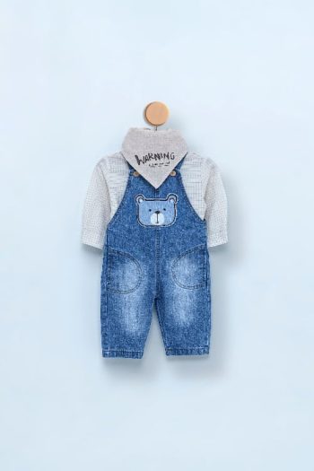 Boys' Baby Bear Embroidered Denim Overall Set – 3-Piece Cotton Outfit