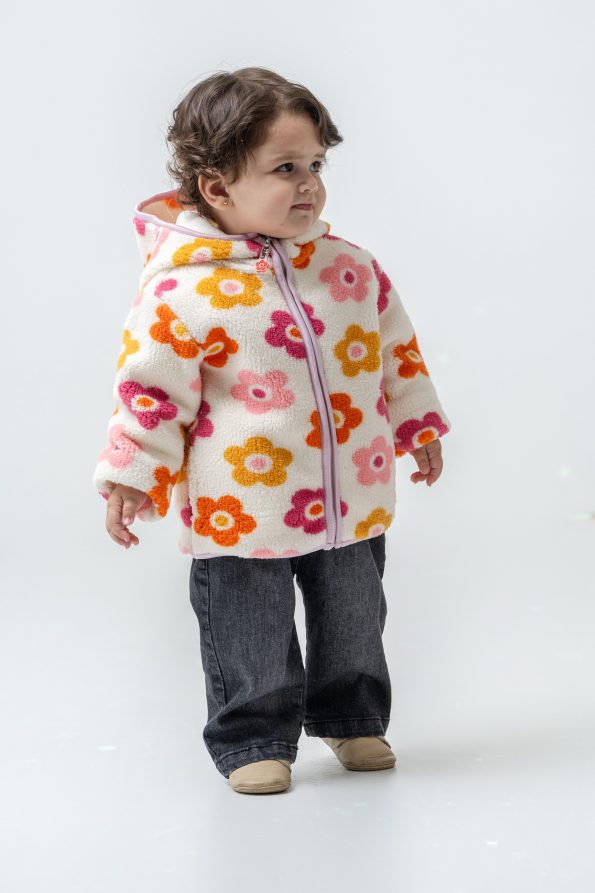 Cotton Flower Patterned Hooded Zipper Jacket for Kids