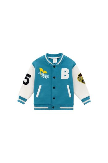 Unisex Kids Cotton Turquoise White College Jacket - Letter and Print Detail Bomber Coat