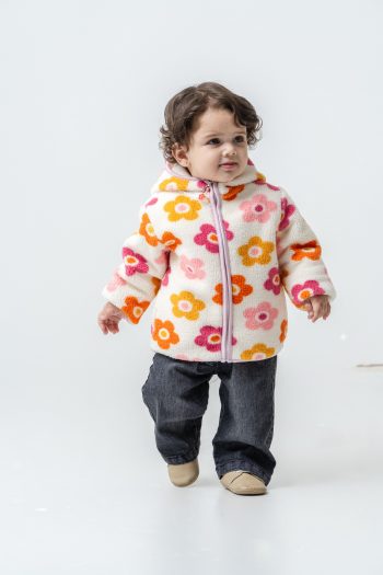 Cotton Flower Patterned Hooded Zipper Jacket for Kids