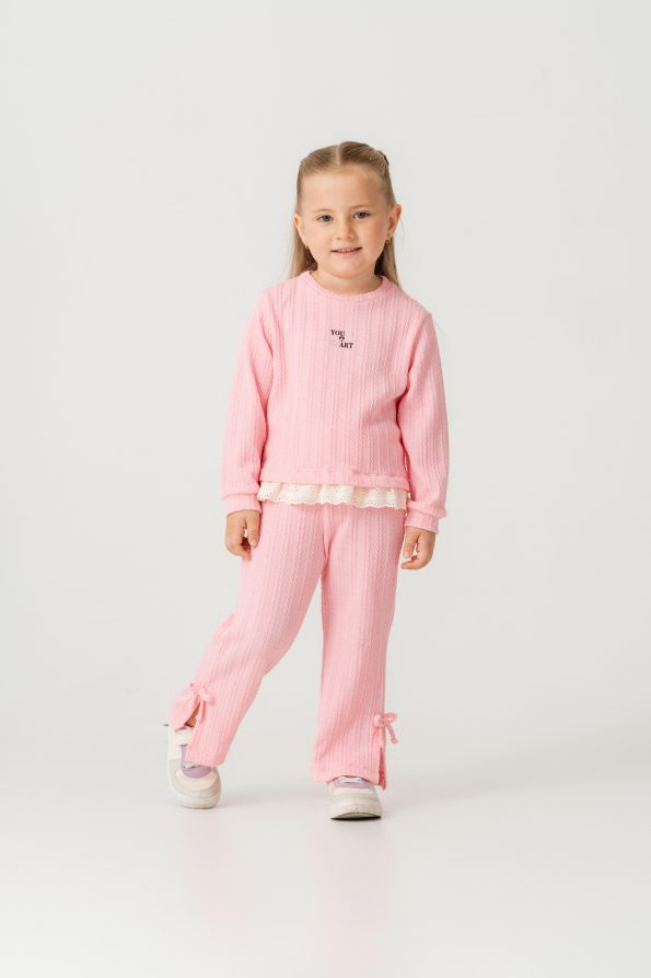 Girls' Cotton Pink Sweatshirt and Jogger Set with Ruffle Details