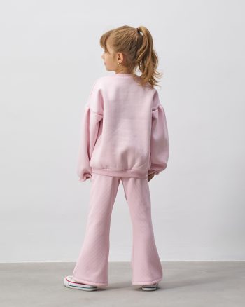 Girls' Cotton Pink Flower Embroidered Sweatshirt and Flared Pants Set