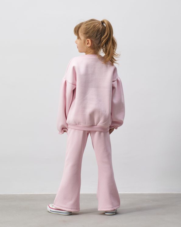 Girls' Cotton Pink Flower Embroidered Sweatshirt and Flared Pants Set