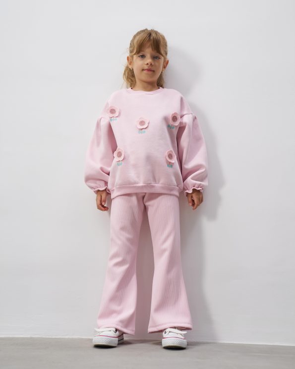 Girls' Cotton Pink Flower Embroidered Sweatshirt and Flared Pants Set