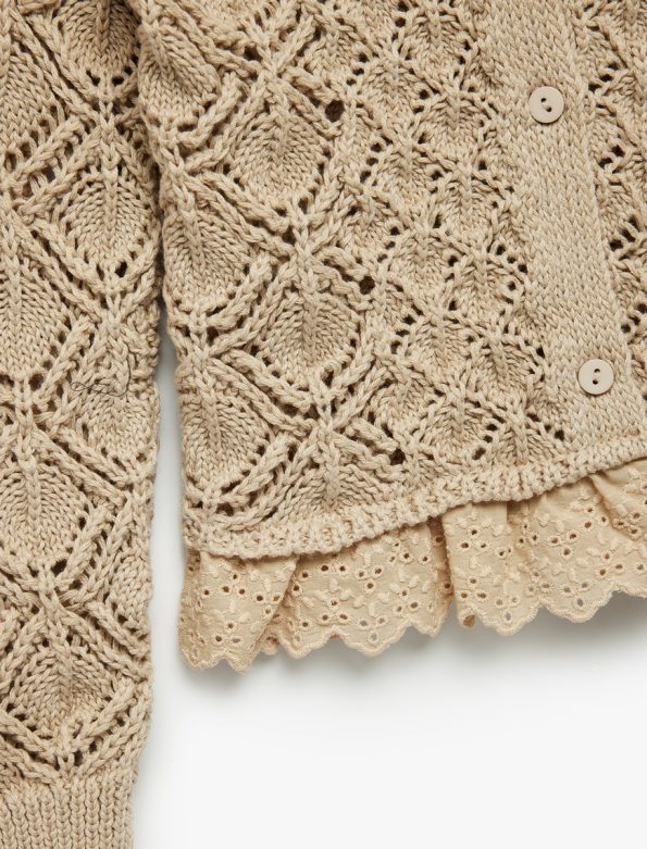 Girls' Long Sleeve Textured Ruffled Buttoned Crew Neck Cardigan