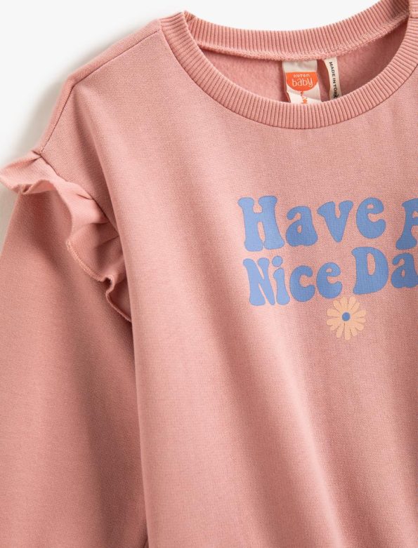 Girls' Ruffled Detail Printed Long Sleeve Sweatshirt with Elastic Cuffs and Waist