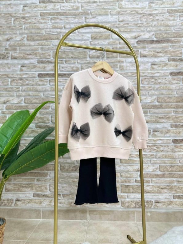 Bow Patterned Cotton Sweatshirt and Leggings Set for Girls