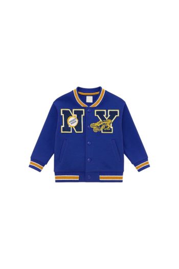 Unisex Kids Cotton Navy College Jacket - Letter and Dragon Applique Bomber Coat