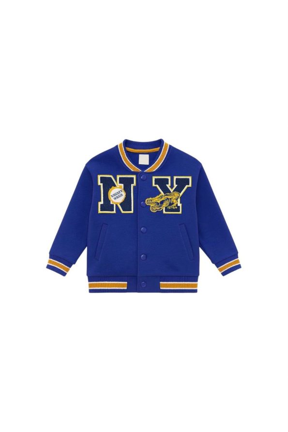 Unisex Kids Cotton Navy College Jacket - Letter and Dragon Applique Bomber Coat