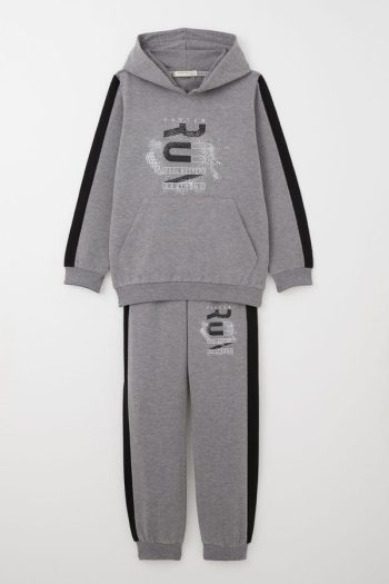 Boys' Hooded Tracksuit with Success-Themed Print in Dark Grey Melange (Ages 6-10)
