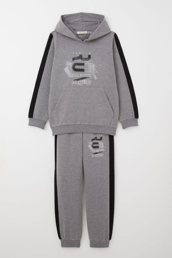 Boys' Hooded Tracksuit with Success-Themed Print in Dark Grey Melange (Ages 6-10)