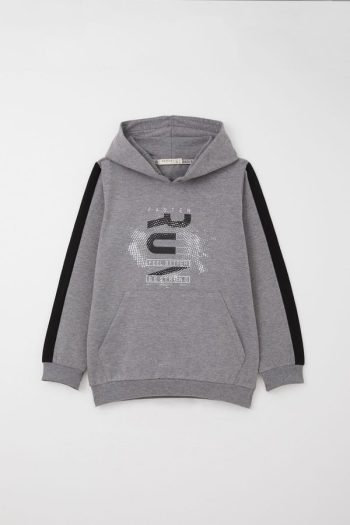 Boys' Hooded Tracksuit with Success-Themed Print in Dark Grey Melange (Ages 6-10)