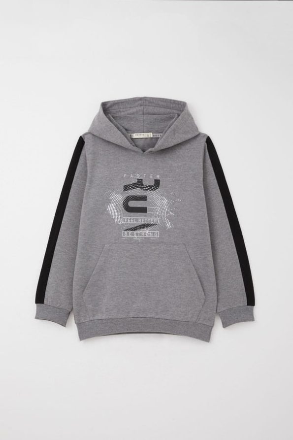 Boys' Hooded Tracksuit with Success-Themed Print in Dark Grey Melange (Ages 6-10)