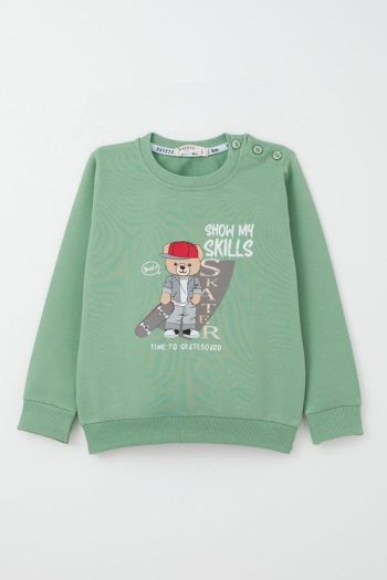 Boys' Mint Green Hoodie and Sweatpants Set with Skateboarding Bear Print (1-3 Years)