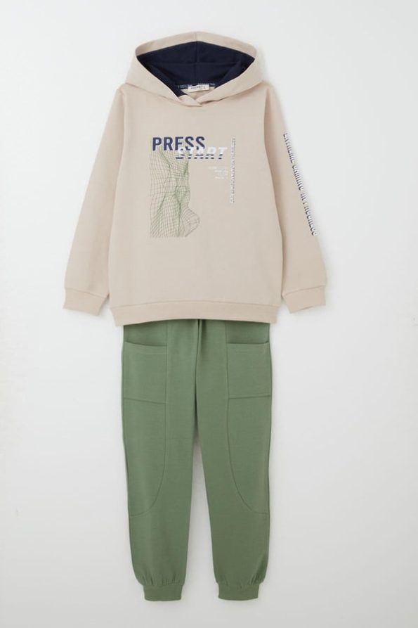 Boys' Hooded Beige Tracksuit Set with Pockets (Ages 5-9)