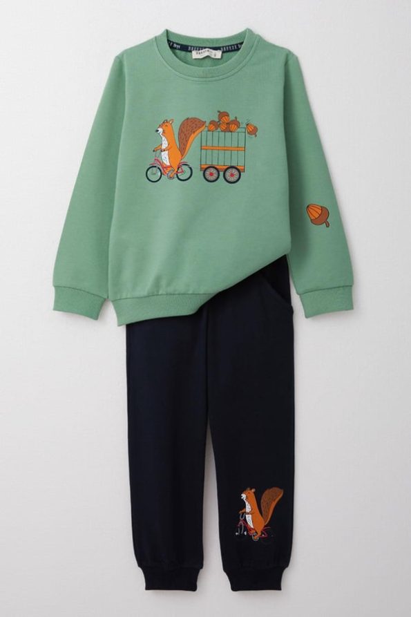 Boys' Cute Squirrel & Acorn Printed Mint Tracksuit (1-3 Years)