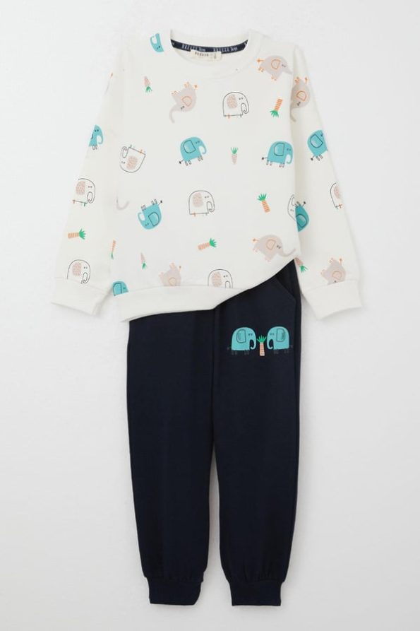 Boys' Sweatshirt Set with Cute Elephant Print in Ecru (1-4 Years)