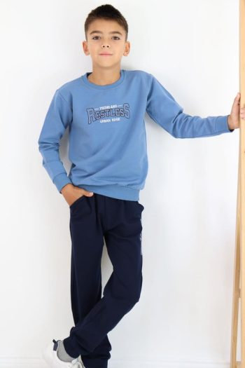 Boys' Indigo Sweatshirt Set with Printed Design and Pockets (5-9 Years)
