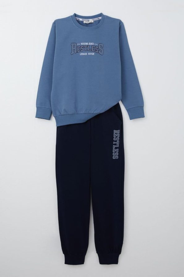 Boys' Indigo Sweatshirt Set with Printed Design and Pockets (5-9 Years)