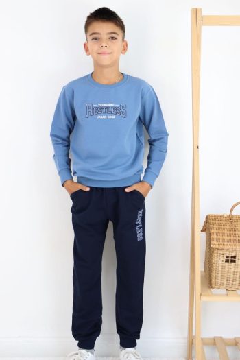 Boys' Indigo Sweatshirt Set with Printed Design and Pockets (5-9 Years)
