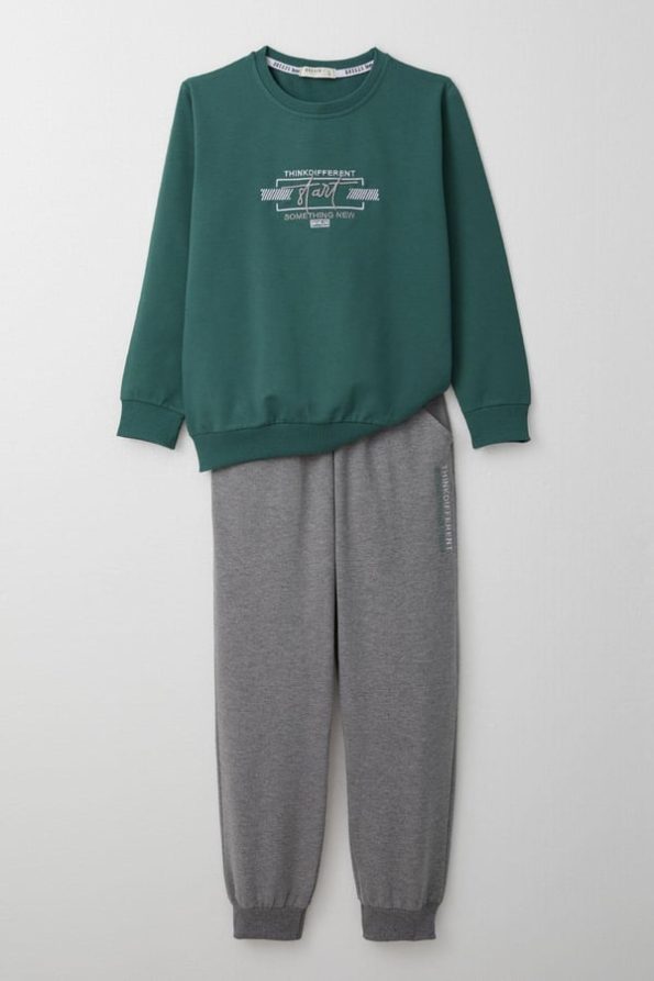 Boys' Tracksuit Set with Embroidered Print in Petrol Green (Ages 5-10)