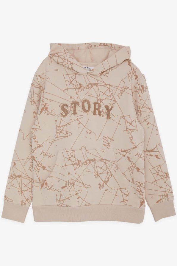 Boys' Hooded Sweatshirt with Kangaroo Pocket and Embroidery Beige (9-10 Years)