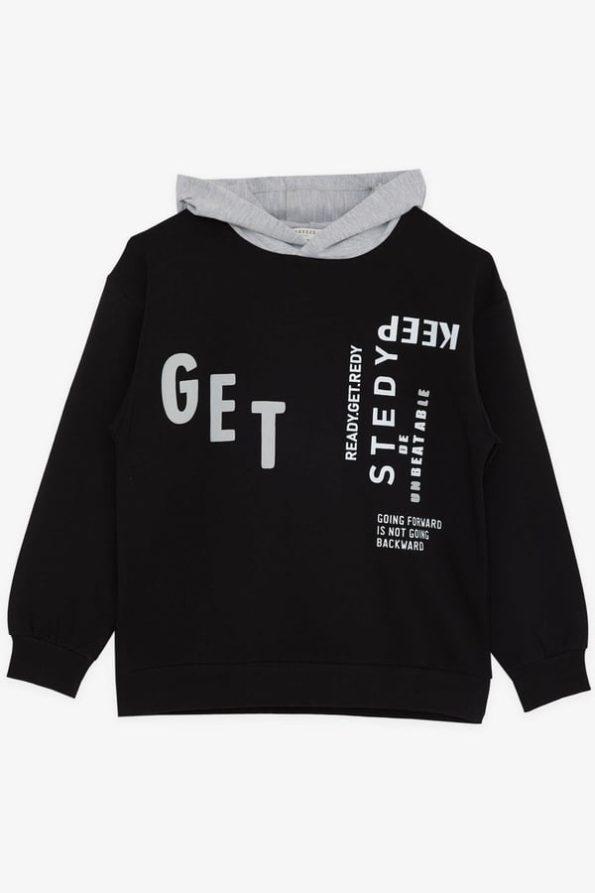 Boys' Black Hoodie Sweatshirt with Print (Ages 8-12)