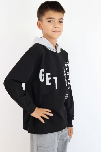 Boys' Black Hoodie Sweatshirt with Print (Ages 8-12)