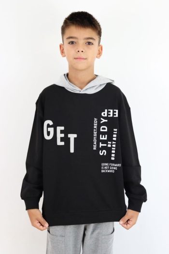 Boys' Black Hoodie Sweatshirt with Print (Ages 8-12)