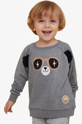 Boys' Cute Bear Print Sweatshirt with Movable Ears in Dark Grey Melange (2-3 Years)