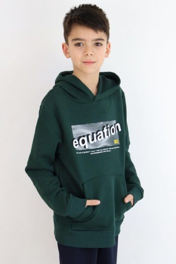 Boys' Hoodie with Print and Kangaroo Pocket in Dark Green (Ages 8-12)