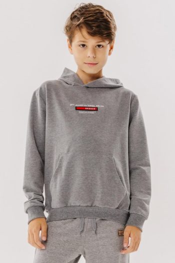 Boys' Printed Sweatshirt with Patches and Kangaroo Pocket in Dark Grey Melange (8-10 Years)