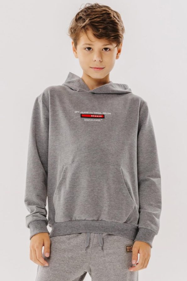 Boys' Printed Sweatshirt with Patches and Kangaroo Pocket in Dark Grey Melange (8-10 Years)