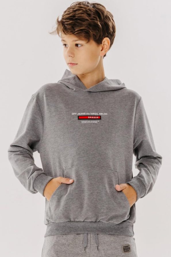 Boys' Printed Sweatshirt with Patches and Kangaroo Pocket in Dark Grey Melange (8-10 Years)