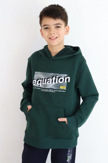 Boys' Hoodie with Print and Kangaroo Pocket in Dark Green (Ages 8-12)